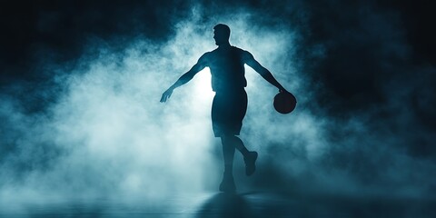 Naklejka premium Silhouette of a basketball player dribbling in smoky atmosphere.
