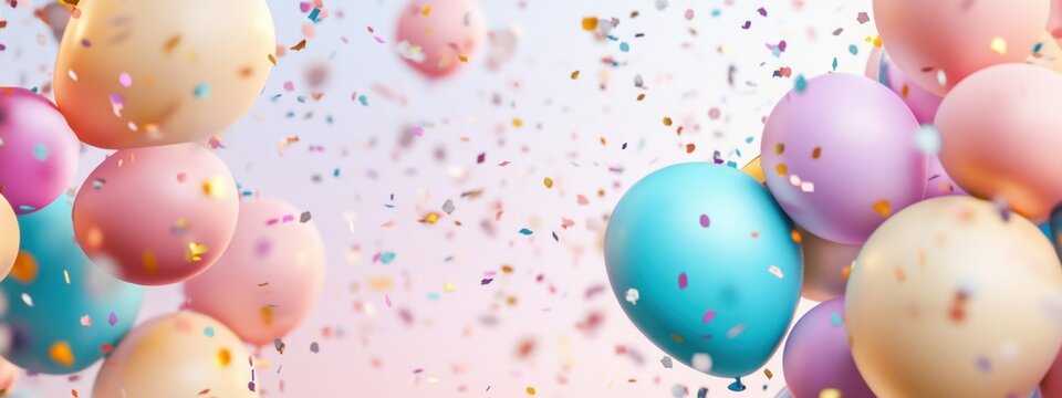 Colorful balloons floating in the air create a festive atmosphere with falling confetti during celebrations and joyful events