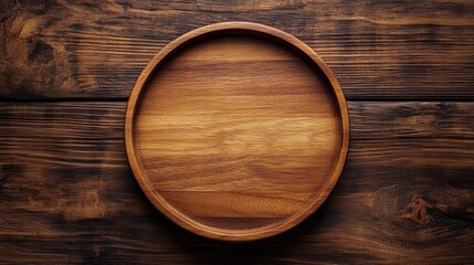 Empty wooden plate on a rustic wooden table background for food presentation and cooking concept