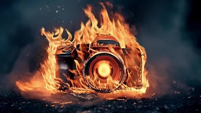 Scene of a camera burning, seamless looping motion for background video animation.