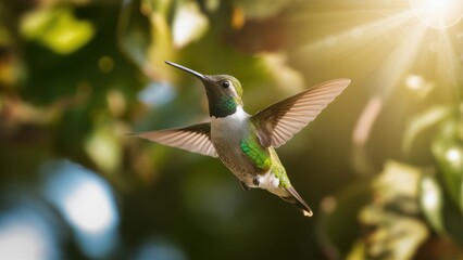 Fototapeta premium Hummingbird in flight, iridescent feathers, outstretched wings, soft bokeh background, green leaves, sunlit garden, macro photography, high detail, vibrant colors, nature close-up, golden hour lightin