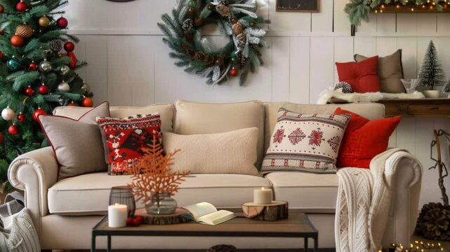 Cozy beige sofa with Christmas decorations and festive pillows in warm living room. Holiday interior concept Seasonal scenery concept saemless looping 4k time-lapse animation video background