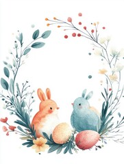 Charming Watercolor Illustration Featuring Easter Eggs and Adorable Rabbits Surrounded by Floral Elements for Celebrating Chinese New Year and Minimalist Decoration