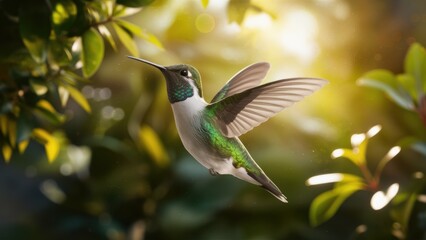 Naklejka premium Hummingbird in flight, iridescent feathers, outstretched wings, soft bokeh background, green leaves, sunlit garden, macro photography, high detail, vibrant colors, nature close-up, golden hour lightin