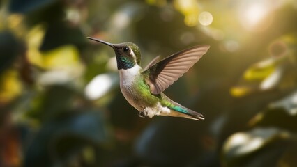 Hummingbird in flight, iridescent feathers, outstretched wings, soft bokeh background, green leaves, sunlit garden, macro photography, high detail, vibrant colors, nature close-up, golden hour lightin