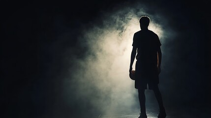 Silhouette of basketball player standing in smoky spotlight.