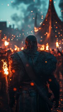 Viking warrior in fur cloak holding burning torch. Up Helly Aa procession, vertical shot from behind