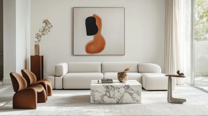 A minimalist living room with mod-inspired furniture, including a sleek sectional sofa