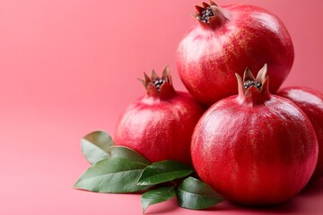 Ripe pomegranates resting on vibrant pink surface with lush green leaves