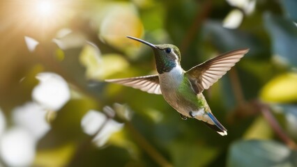 Fototapeta premium Hummingbird in flight, iridescent feathers, outstretched wings, soft bokeh background, green leaves, sunlit garden, macro photography, high detail, vibrant colors, nature close-up, golden hour lightin