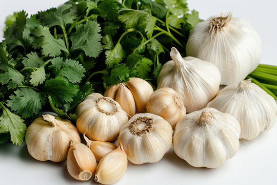 A vibrant arrangement of fresh garlic bulbs and cloves paired with leafy green herbs, creating a colorful and aromatic culinary scene on a white surface.
