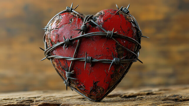 Valentine's day themed, red heart wrapped in barbed wire symbolizes love and pain