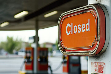 Empty gas station with a &ldquo;Closed&rdquo; sign, indicating low demand