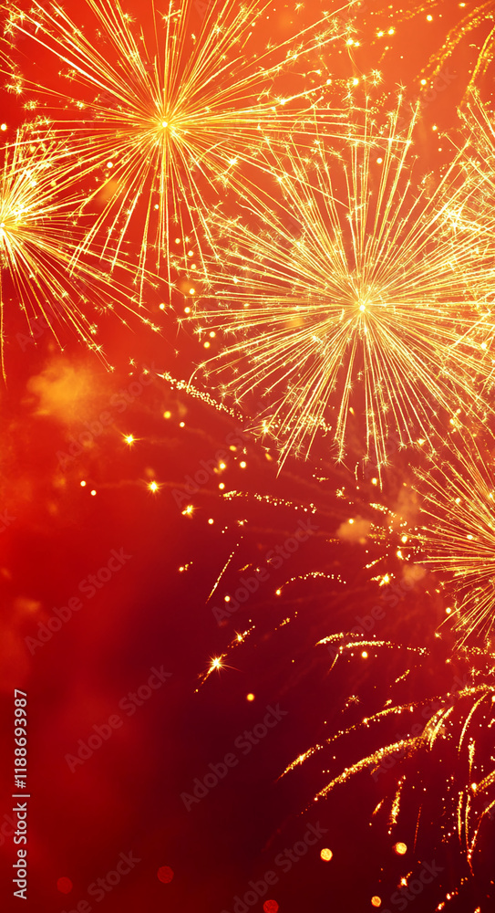 Poster golden fireworks explosion on a vibrant red background with glowing sparks