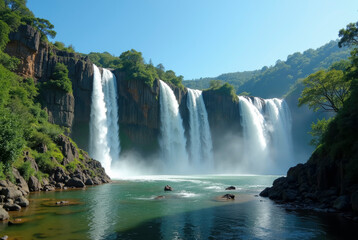 Naklejka premium A powerful waterfall cascades down a rocky cliff.