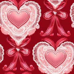 Delicate Pink Lace Heart Motifs with Silver Accents on a Rich Red Border Perfect for Celebrating Chinese New Year or Romantic Occasions