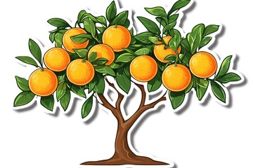 Juicy Orange Tree Sticker: Cartoon Illustration of Ripe Oranges Hanging from Branches, Perfect for Summer Designs,      