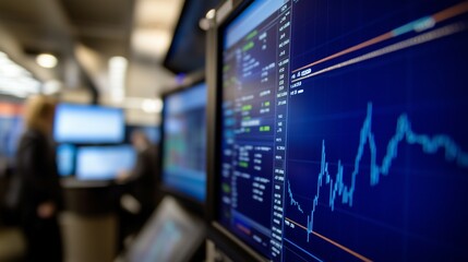 The background is blue, with stock market graphs and numbers on the screen. The charts show different curves of candlestick graphics or bar graph patterns