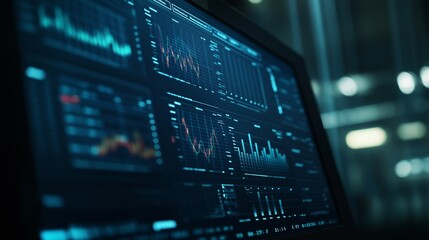 The background is blue, with stock market graphs and numbers on the screen. The charts show different curves of candlestick graphics or bar graph patterns