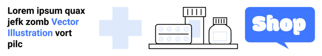 Online shopping ad featuring medication bottles with a large blue shop button on white background. Ideal for e-commerce, healthcare, pharmacy services, medicine sales, and online shopping platforms