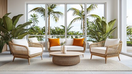 Fototapeta premium Tropical living room with wicker furniture, ocean view.