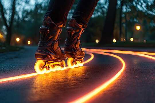 A zippy rollerblade racing down a path, leaving glowing lines