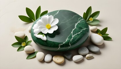 Realistic Artwork Of Smooth, Round White And Yellow Flower On Beautiful Stone Pieces Surface, Realistic Spring season flower on beautiful surface