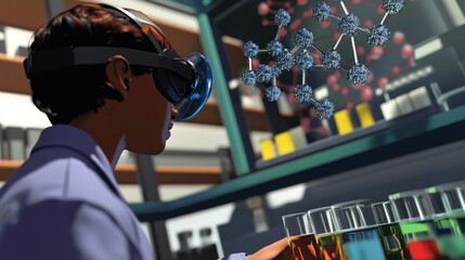Scientist using VR headset to examine molecules in a lab.