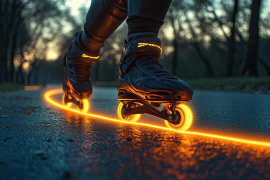 A zippy rollerblade racing down a path, leaving glowing lines