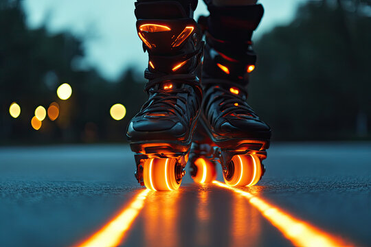 A zippy rollerblade racing down a path, leaving glowing lines