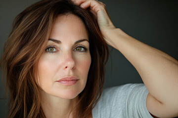 Naklejka premium Middle-aged woman with Botox lips, adjusting her hair in a casual pose