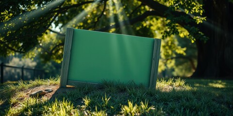 Blank Green Sign in a Lush Park Setting with Sunbeams