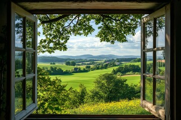 Obraz premium Open window overlooking idyllic green countryside landscape