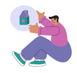 Cartoon style illustration of cheerful man  holding cozy house. Real estate, home ownership and achieving life goals, home buying services. Vector Illustration