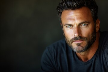 Fototapeta premium Serious mature man with green eyes and beard posing on a dark background