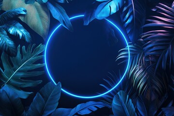 Obraz premium Vibrant Blue Neon Tropical Circle Frame: Summer Vibes, Exotic Leaf Design, Abstract Background, Perfect for Invitations,