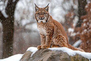 Eurasian lynx sitting on a rock during snowfall in winter forest