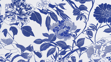 Fototapeta premium White chrysanthemums organized in a symmetrical grid detailed with fine lines and patterns displayed over a midnight blue background for a refined botanical look