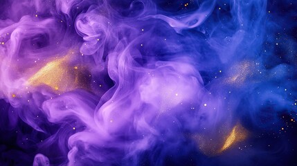 Obraz premium **A liquid galaxy-like interplay of swirling violet smoke accented by shimmering golden ink droplets