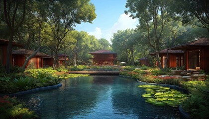 Fototapeta premium Tranquil Pond Surrounded by Wooden Cabins in Lush Tropical Garden
