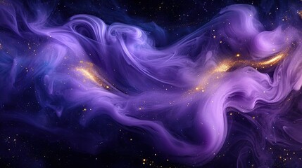 **A liquid galaxy-like interplay of swirling violet smoke accented by shimmering golden ink droplets