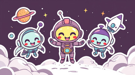 Fototapeta premium Adorable astronauts explore space! Three cute space explorers on a lunar adventure, with a rocket and planets in the background. Perfect for kids' content!