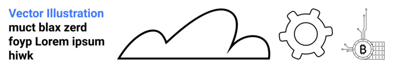 Abstract black line cloud, gear with arrows, and circuit board with letter B. Ideal for technology, cloud computing, engineering, electronics, data networks, technical education, digital media