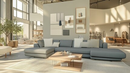 Fototapeta premium Modern sectional sofa, artwork, sunlit room.