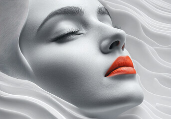 Elegant monochrome portrait with bold red lips and flowing texture