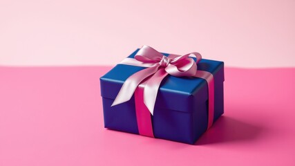 Obraz premium A beautifully wrapped present with a vibrant blue box and a delicate pink ribbon, ready for a special occasion