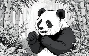 A panda eating bamboo in a serene jungle setting. Lineart
