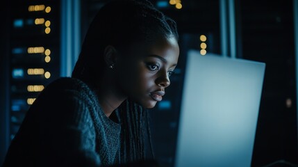 Black female it support engineer working in a dimly lit data center with laptop and network systems, showcasing cybersecurity, analytics, and problem-solving in a high-tech server room environment.