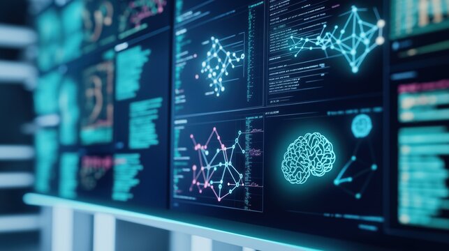 AI tech accelerates drug development in lab setting. Digital molecule models, complex data visualizations show tech, science fusion. Innovation in healthcare, biomedicine. Experimentation, simulation - Powered by Adobe