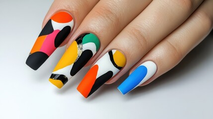Artistic nail art featuring bold negative space designs and vibrant colors, set against a minimalist white background.